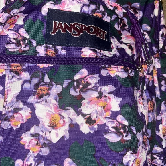 Jansport purple flowers floral leather bottom bookbag backpack
